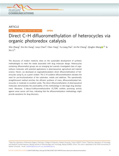 Direct C–H difluoromethylation of heterocycles via organic.